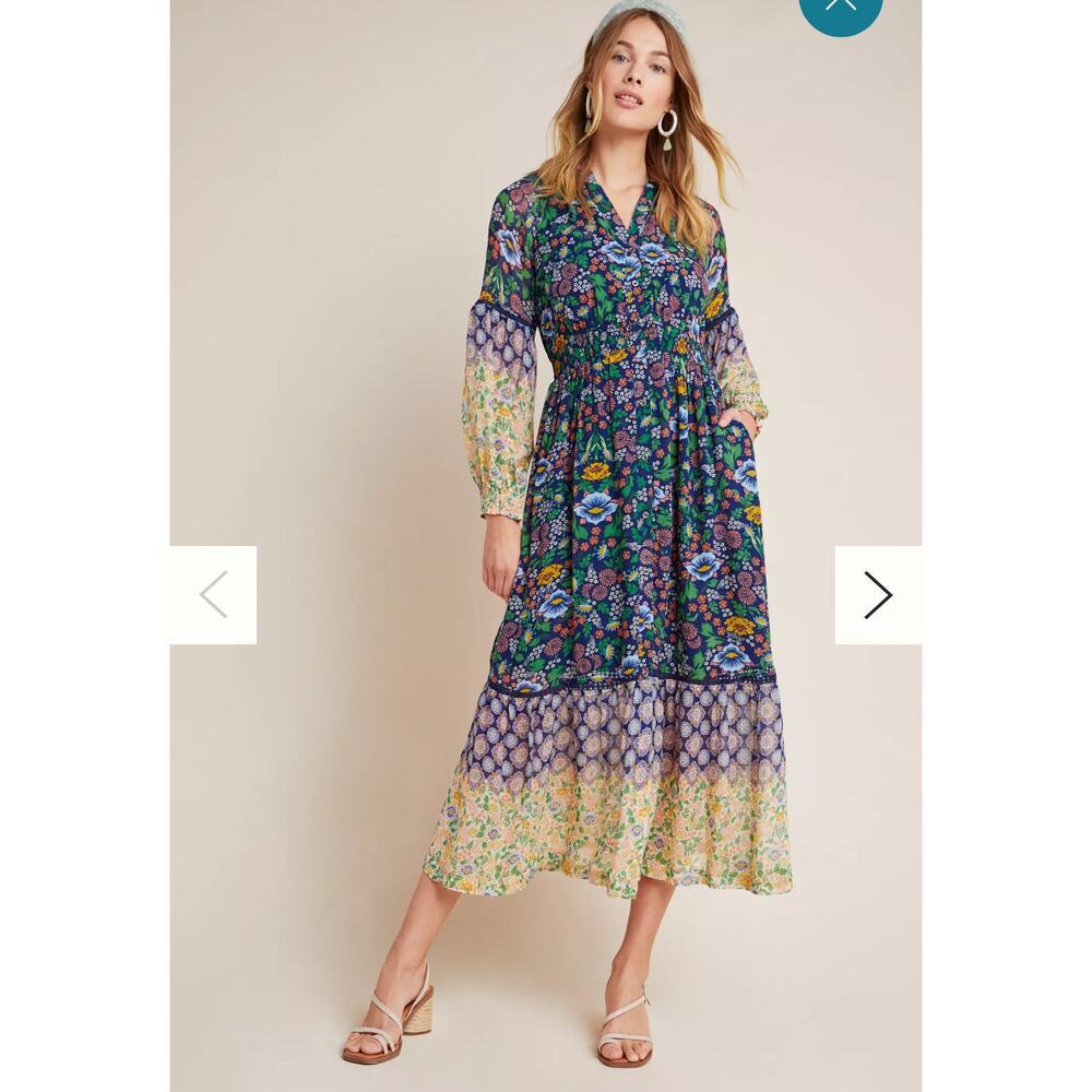 Anthropologie Maeve Ondine Floral Maxi Dress XS Sheer Sleeve Boho Peasant Navy